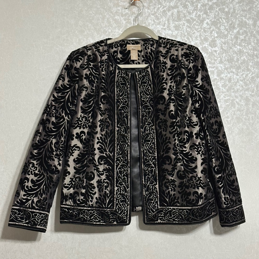Soiree Baroque Damask Flocked Velvet Open Front Evening Jacket Silver Black 16W